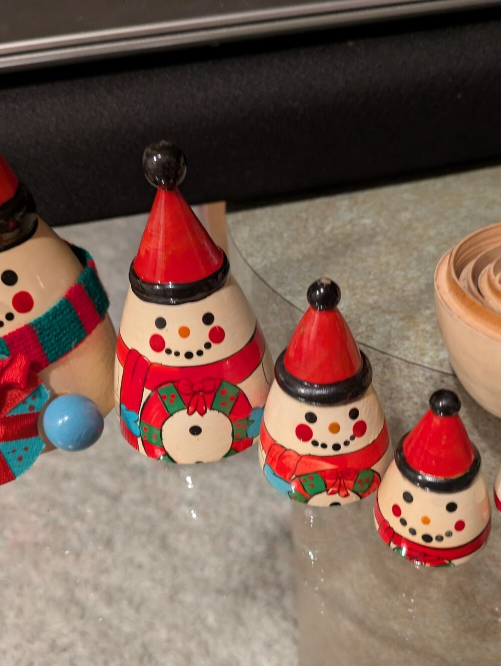 Vintage Handmade Snowman Nesting Wooden Dolls Set of 5 Handpainted Christmas